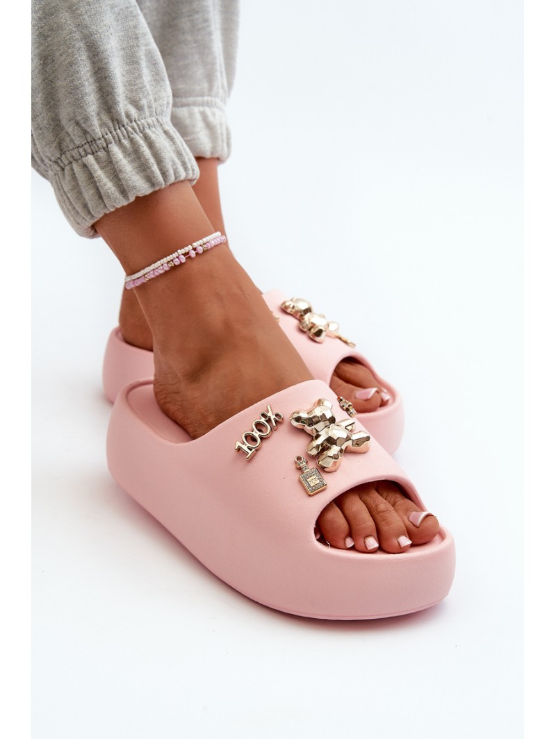 Women's Lightweight Foam Slides with Pink Decorations Orchia
