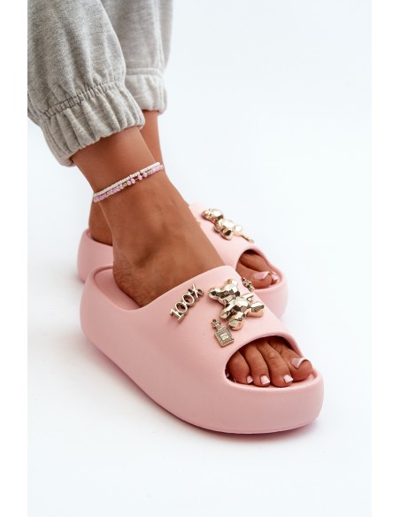 Women's Lightweight Foam Slides with Pink Decorations Orchia
