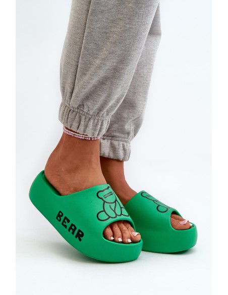 Women's Foam Slides on Chunky Sole with Teddy Bear Green Lamira