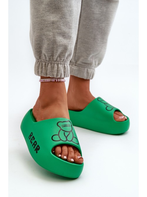 Women's Foam Slides on Chunky Sole with Teddy Bear Green Lamira 2