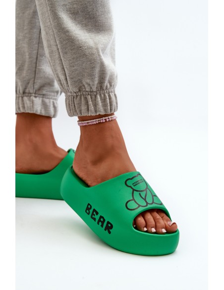 Women's Foam Slides on Chunky Sole with Teddy Bear Green Lamira