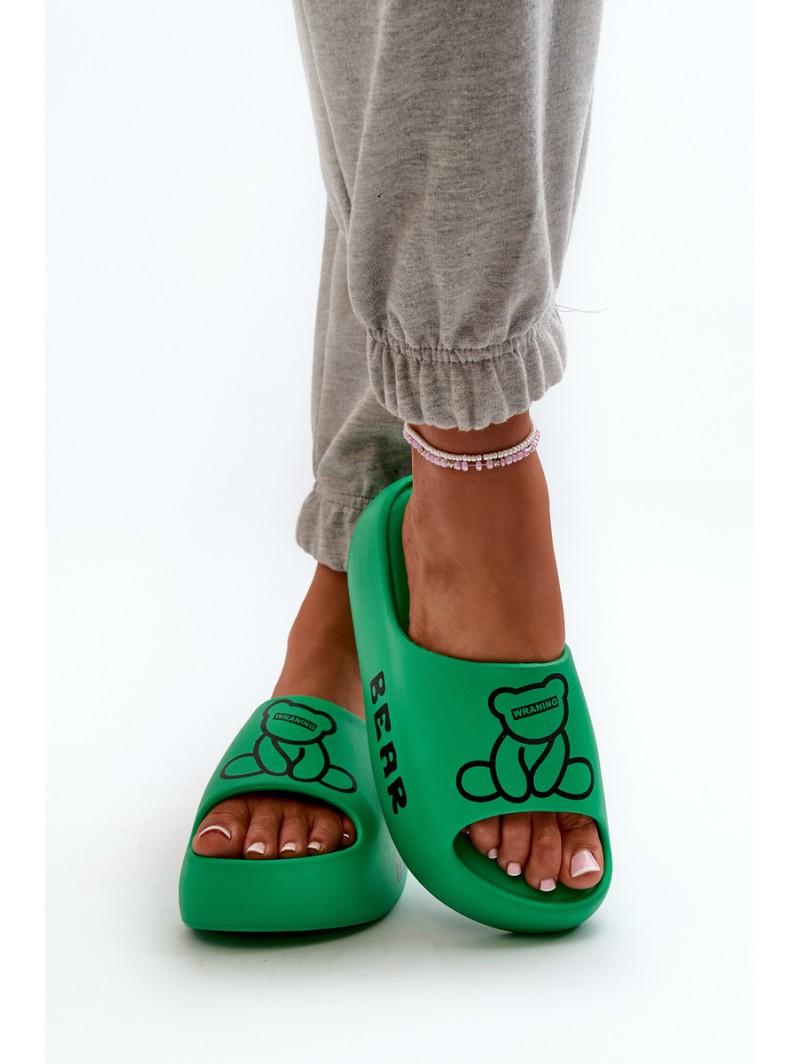 Women's Foam Slides on Chunky Sole with Teddy Bear Green Lamira