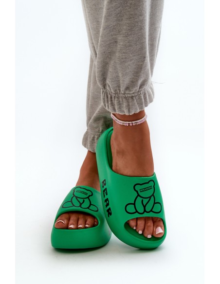 Women's Foam Slides on Chunky Sole with Teddy Bear Green Lamira
