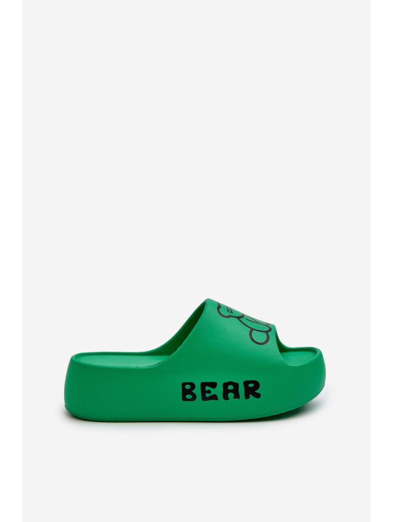 Women's Foam Slides on Chunky Sole with Teddy Bear Green Lamira