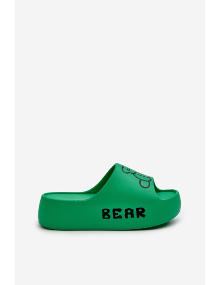 Women's Foam Slides on Chunky Sole with Teddy Bear Green Lamira