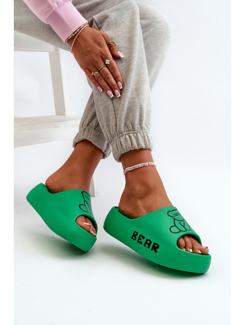 Women's Foam Slides on Chunky Sole with Teddy Bear Green Lamira
