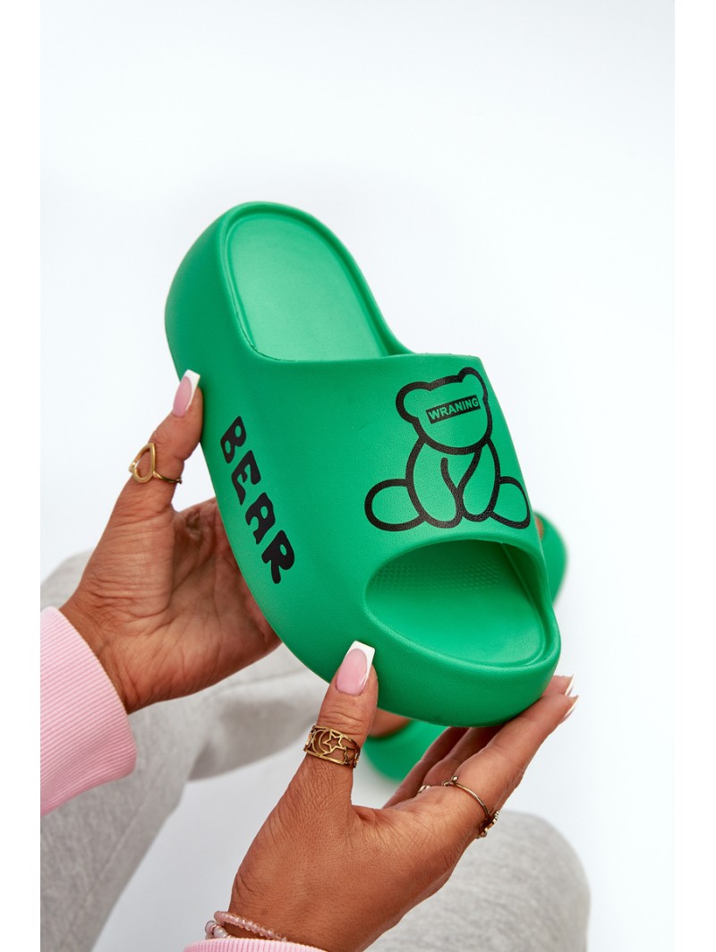 Women's Foam Slides on Chunky Sole with Teddy Bear Green Lamira