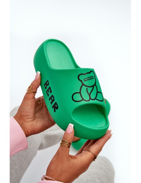 Women's Foam Slides on Chunky Sole with Teddy Bear Green Lamira