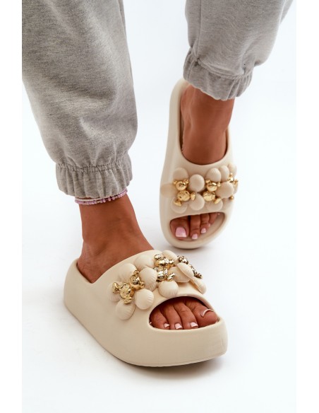 Women's Foam Slides with Decorations on Thick Sole Light Beige Bremavia