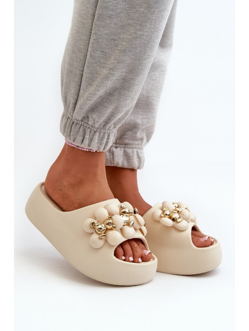Women's Foam Slides with Decorations on Thick Sole Light Beige Bremavia 2