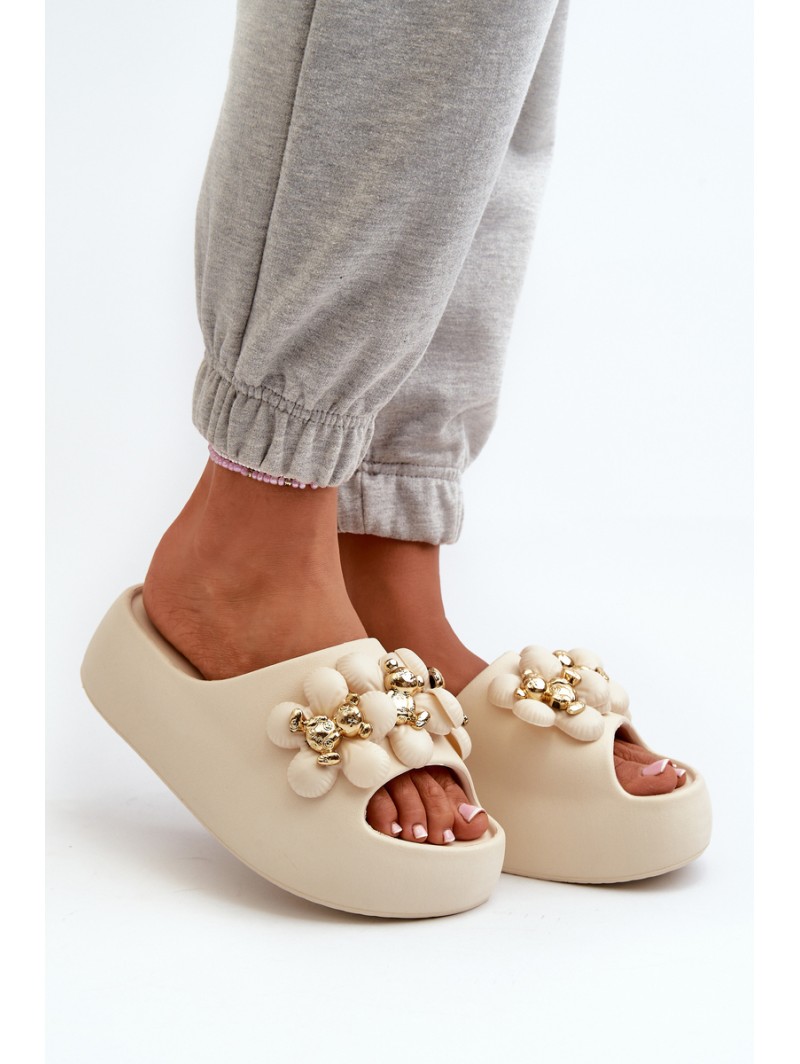 Women's Foam Slides with Decorations on Thick Sole Light Beige Bremavia