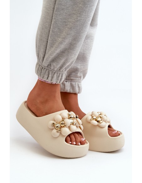 Women's Foam Slides with Decorations on Thick Sole Light Beige Bremavia