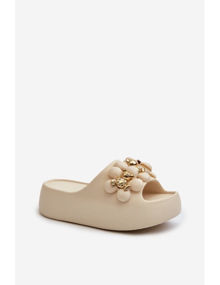 Women's Foam Slides with Decorations on Thick Sole Light Beige Bremavia