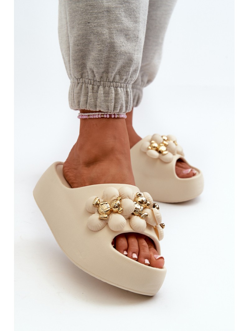Women's Foam Slides with Decorations on Thick Sole Light Beige Bremavia