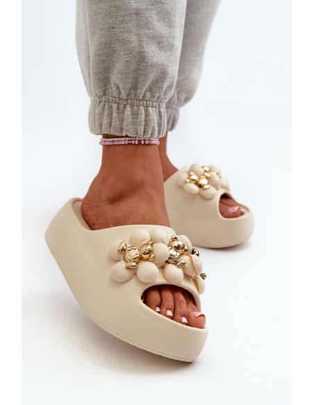 Women's Foam Slides with Decorations on Thick Sole Light Beige Bremavia