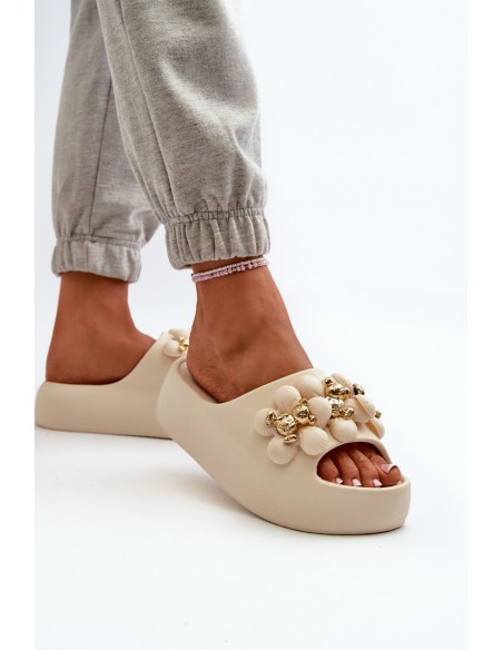 Women's Foam Slides with Decorations on Thick Sole Light Beige Bremavia