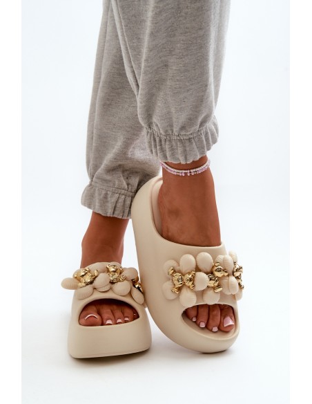 Women's Foam Slides with Decorations on Thick Sole Light Beige Bremavia