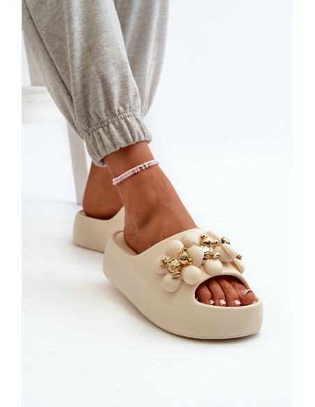 Women's Foam Slides with Decorations on Thick Sole Light Beige Bremavia