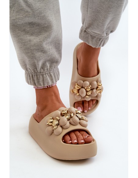 Women's Foam Slides With Decorations On Thick Sole Dark Beige Bremavia