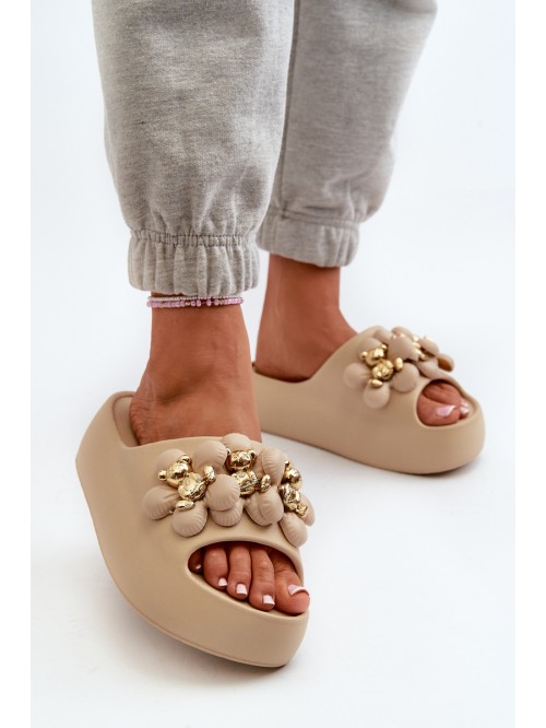 Women's Foam Slides With Decorations On Thick Sole Dark Beige Bremavia 2