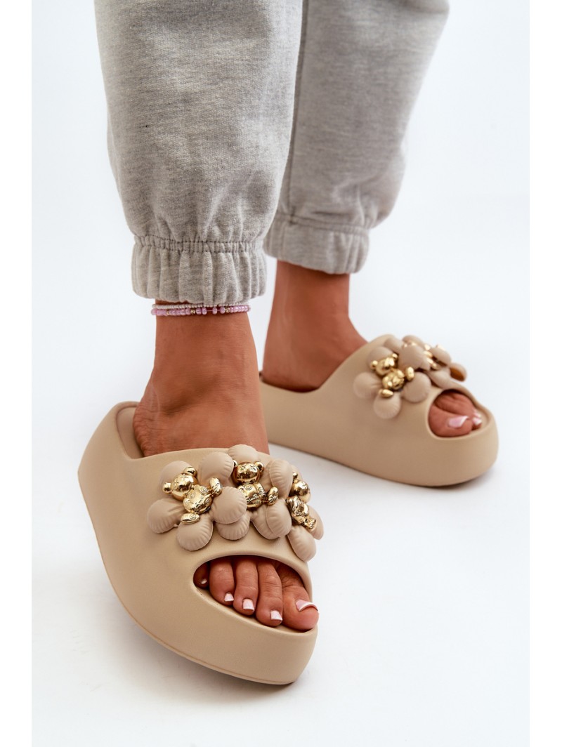 Women's Foam Slides With Decorations On Thick Sole Dark Beige Bremavia