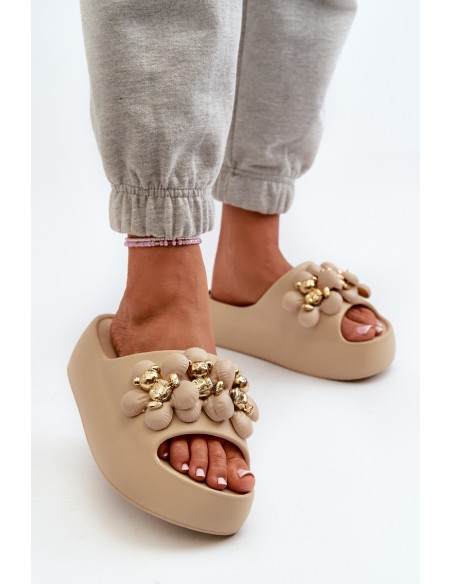 Women's Foam Slides With Decorations On Thick Sole Dark Beige Bremavia