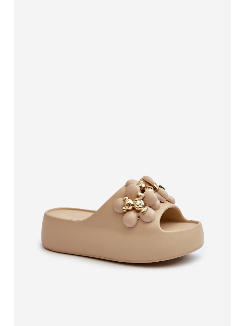 Women's Foam Slides With Decorations On Thick Sole Dark Beige Bremavia