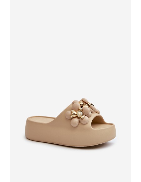 Women's Foam Slides With Decorations On Thick Sole Dark Beige Bremavia