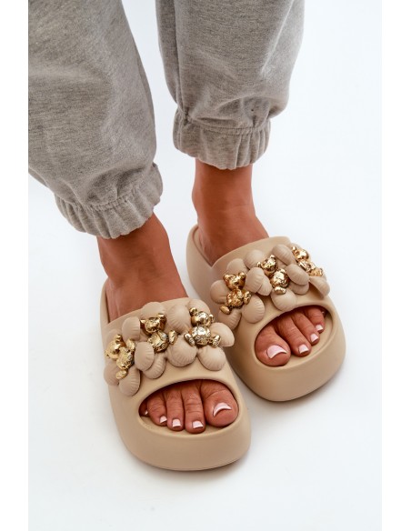 Women's Foam Slides With Decorations On Thick Sole Dark Beige Bremavia