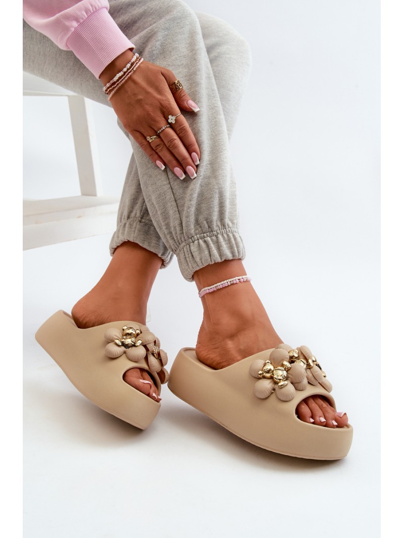 Women's Foam Slides With Decorations On Thick Sole Dark Beige Bremavia