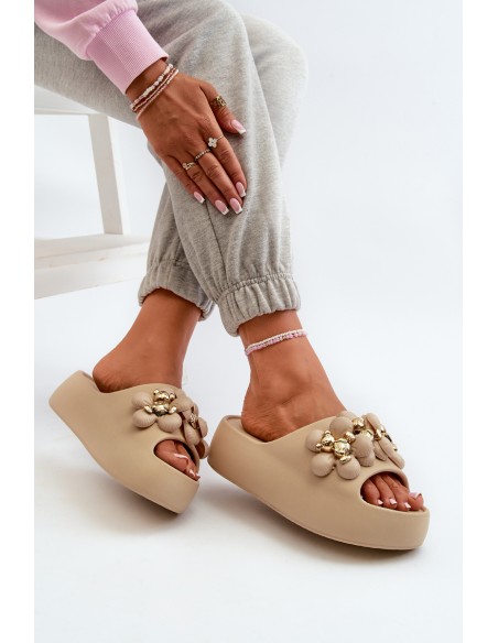 Women's Foam Slides With Decorations On Thick Sole Dark Beige Bremavia