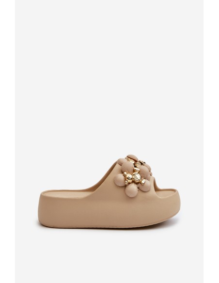 Women's Foam Slides With Decorations On Thick Sole Dark Beige Bremavia