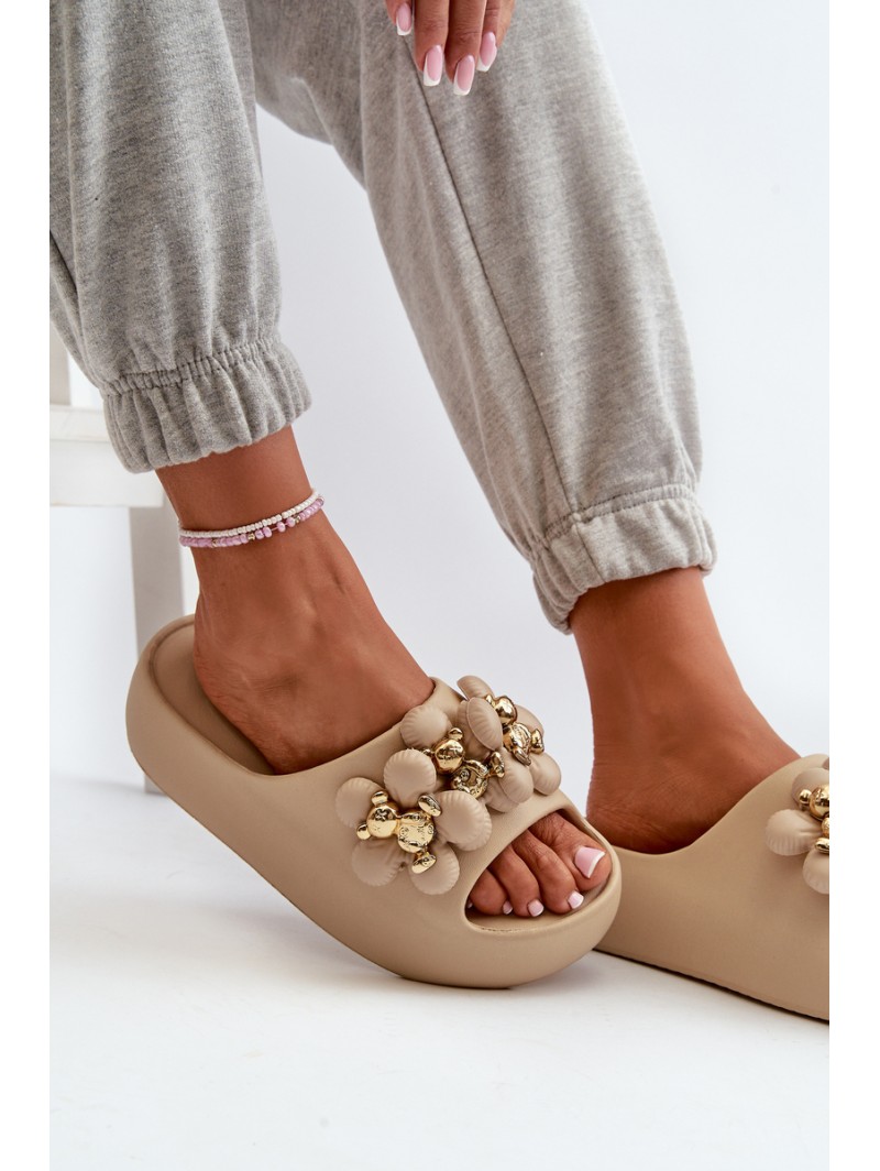 Women's Foam Slides With Decorations On Thick Sole Dark Beige Bremavia