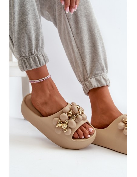 Women's Foam Slides With Decorations On Thick Sole Dark Beige Bremavia