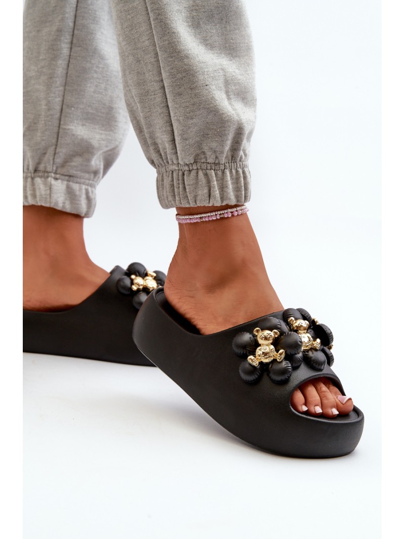 Women's Foam Flip Flops With Decorations On Thick Sole Black Bremavia