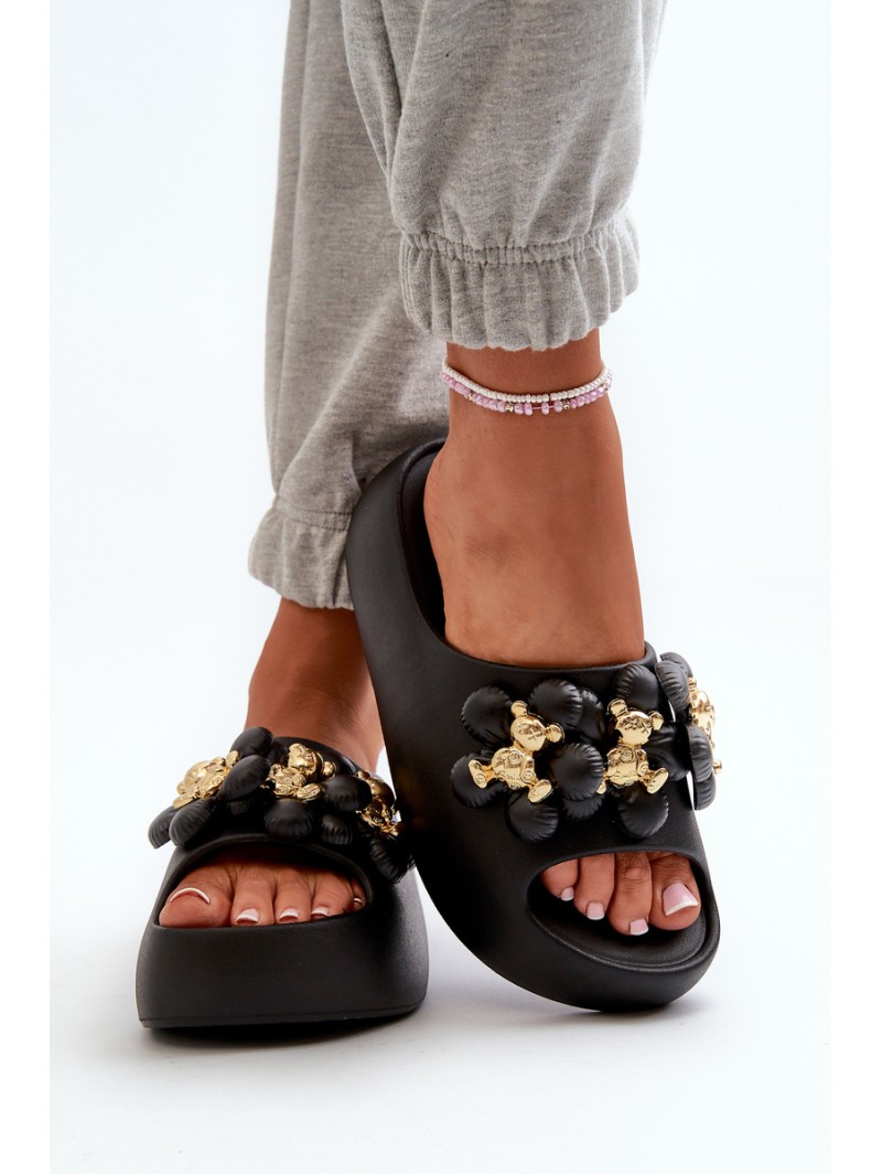 Women's Foam Flip Flops With Decorations On Thick Sole Black Bremavia