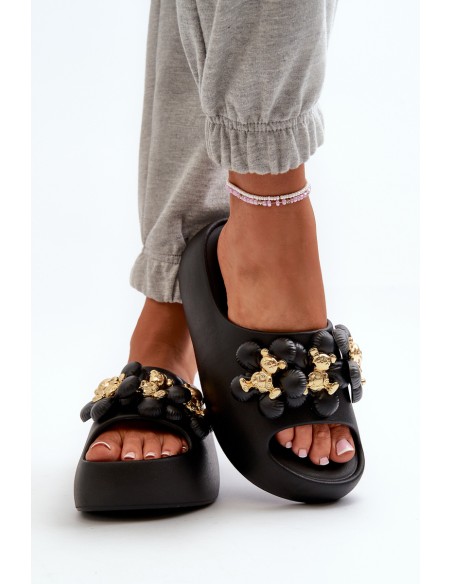 Women's Foam Flip Flops With Decorations On Thick Sole Black Bremavia