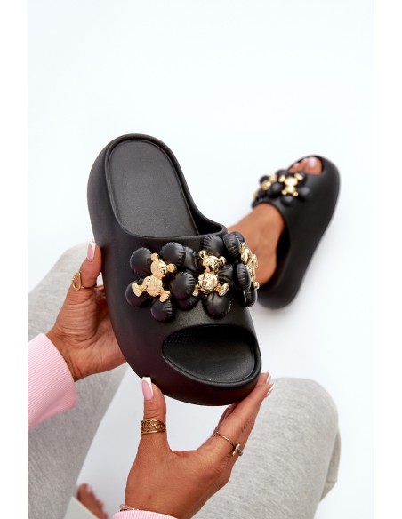 Women's Foam Flip Flops With Decorations On Thick Sole Black Bremavia