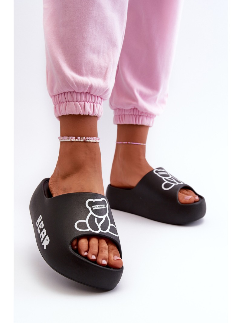 Women's Foam Slides on Chunky Sole with Bear Black Lamira