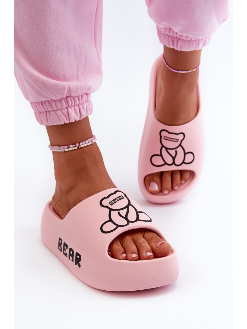 Women's Foam Slides on Chunky Sole with Bear Pink Lamira