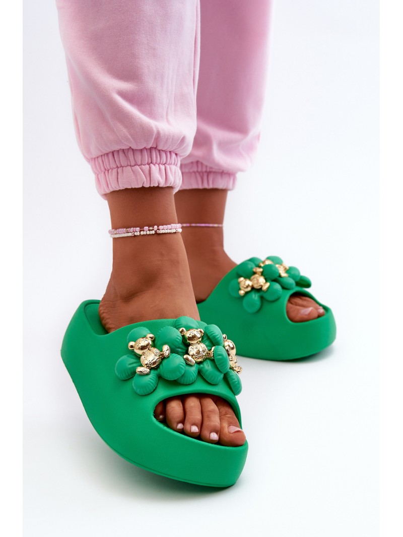 Women's Foam Slides With Decorations On Thick Sole Green Bremavia