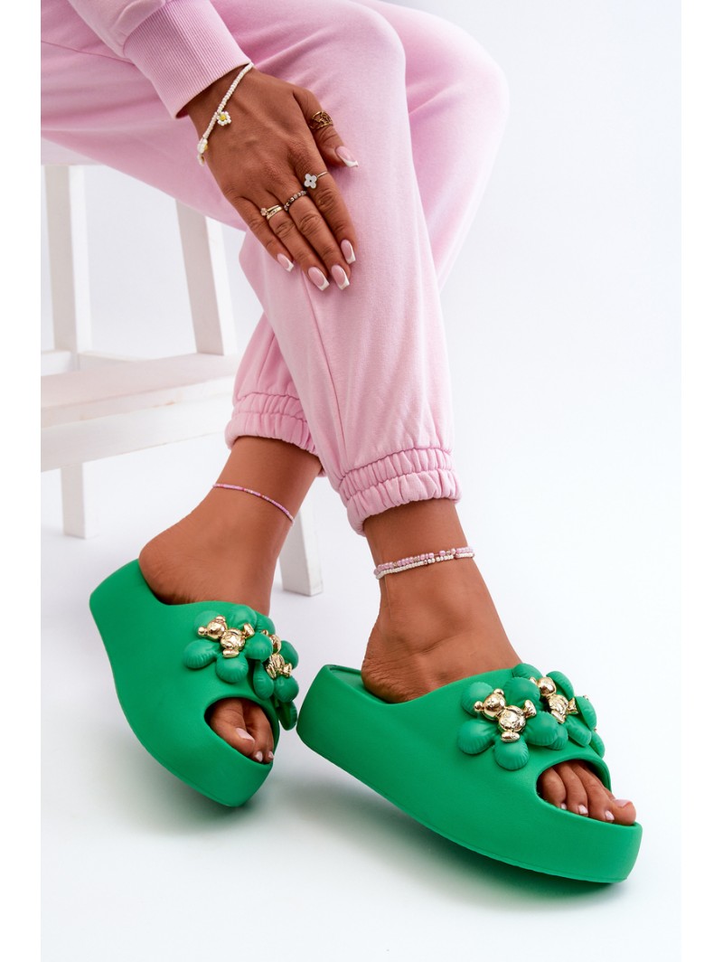 Women's Foam Slides With Decorations On Thick Sole Green Bremavia
