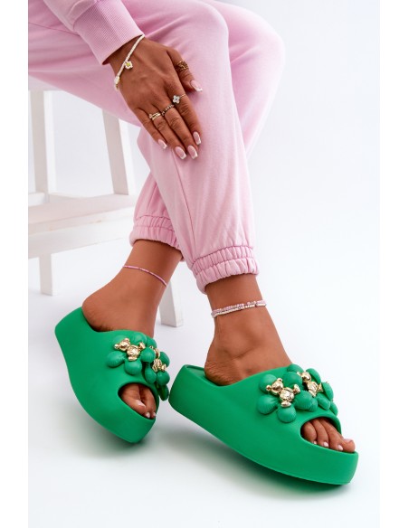 Women's Foam Slides With Decorations On Thick Sole Green Bremavia