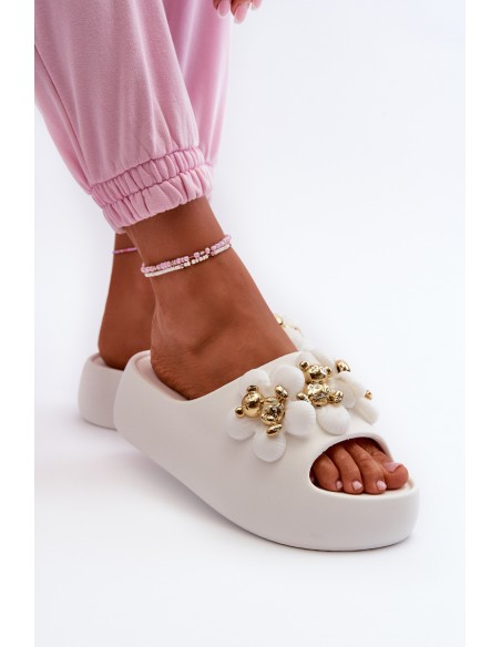 Women's Foam Slides With Decorations On Thick Sole White Bremavia