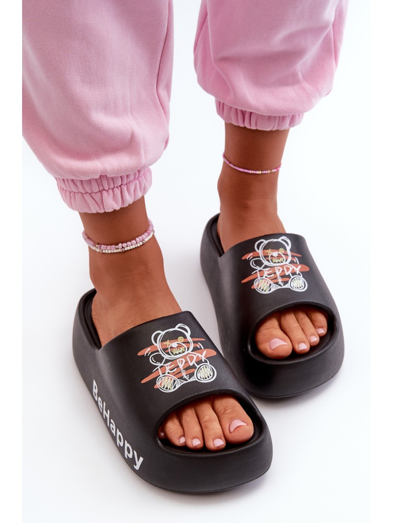 Light Women's Flip Flops on Thick Sole with Teddy Bear Foam Black Serefina