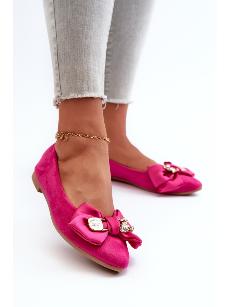 Women's Eco Suede Ballerina Flats with Bow and Brooch Fuchsia Satris