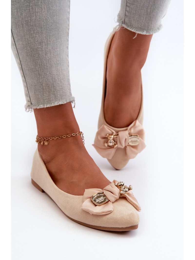 Women's Eco Suede Ballerina Flats with Bow and Brooch in Light Beige Satris