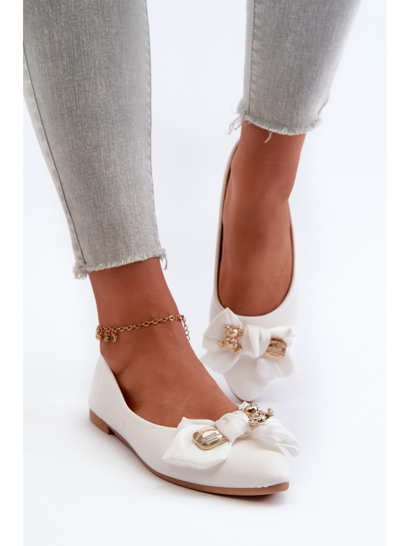 Women's Eco Leather Ballerina Flats with Bow and Brooch White Satris