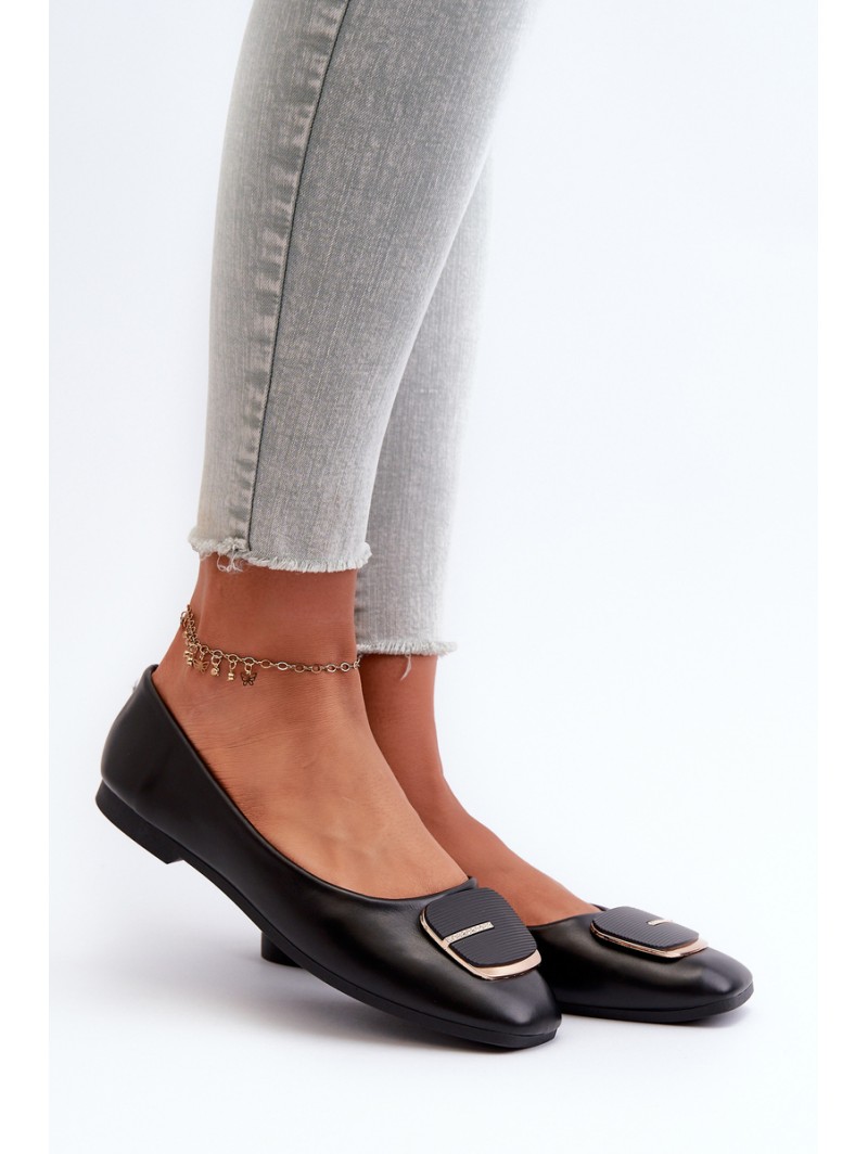 Women's Eco Leather Ballerina Flats with Decoration Black Edoslli