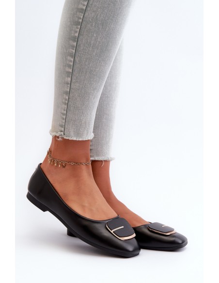 Women's Eco Leather Ballerina Flats with Decoration Black Edoslli